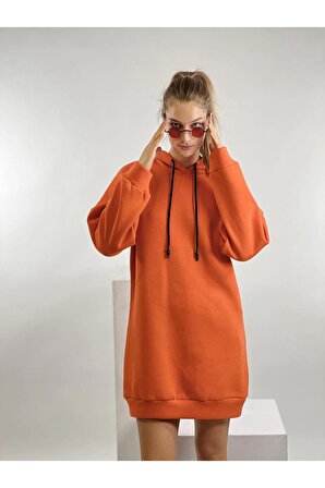 Oranj Kapüşonlu Kordon Detaylı Basic Örme Geniş Kalıp Kadın Sweatshirt
