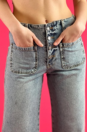 Mavi Culotte Jean Önden Cepli Denim Düğme Kapama Kot Pantolon 100% Cotton