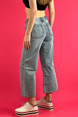 Mavi Culotte Jean Önden Cepli Denim Düğme Kapama Kot Pantolon 100% Cotton