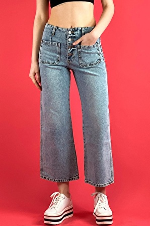 Mavi Culotte Jean Önden Cepli Denim Düğme Kapama Kot Pantolon 100% Cotton