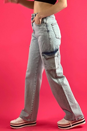 Mavi Yüksek Bel Relax Kot Mom Denim Çift Kargo Model Cepli Jeans Pantolon 100% Cotton