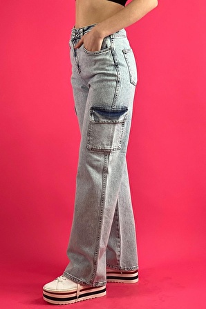 Mavi Yüksek Bel Relax Kot Mom Denim Çift Kargo Model Cepli Jeans Pantolon 100% Cotton