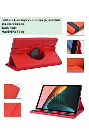 Monker Xiaomi Mi Pad 5 11 inç Uyumlu Kırmızı Tablet Kılıfı Dönebilen Standlı Suni Deri