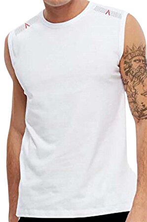 Beyaz Nefes Alan Kumaş Sıfır Kol Likralı Erkek Tişört - 0355-Beyaz