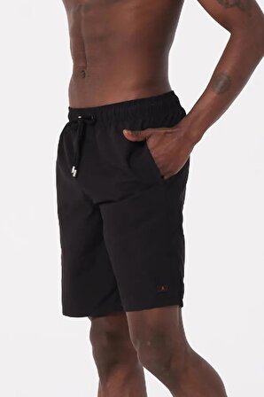Siyah Uzun Boy Basic Model Su İtici Özellikli Düz Renk Erkek Plaj Deniz Şort Mayo - 2206-Siyah