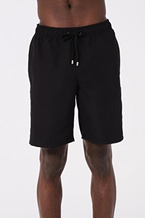 Siyah Uzun Boy Basic Model Su İtici Özellikli Düz Renk Erkek Plaj Deniz Şort Mayo - 2206-Siyah