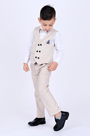 Erkek Çocuk Takım Elbise Smokin 6 Düğmeli Şal Yaka Mendilli Yelek, Gömlek, Pantolon, Papyon