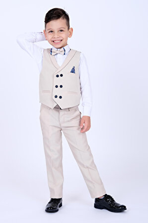 Erkek Çocuk Takım Elbise Smokin 6 Düğmeli Şal Yaka Mendilli Yelek, Gömlek, Pantolon, Papyon