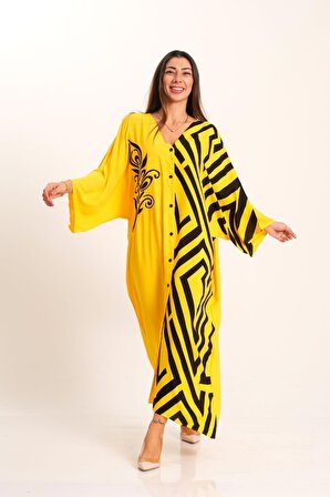 Markano Sarı Desenli Garnili V Yaka Yarasa Kol Cepli Oversize Uzun Gömlek Elbise