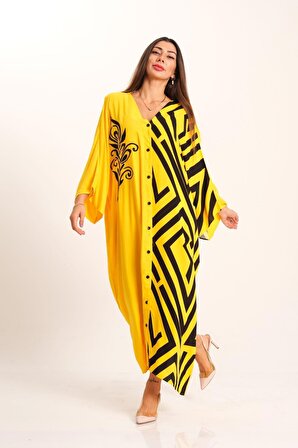 Markano Sarı Desenli Garnili V Yaka Yarasa Kol Cepli Oversize Uzun Gömlek Elbise