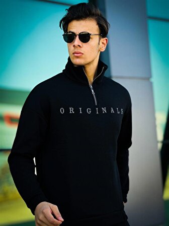 Miron Originals Nakış Detaylı Fermuarlı Oversize Sweatshirt-Siyah