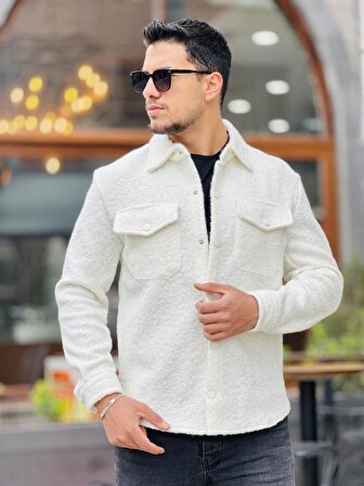 Miron Beyaz Kıvırcık Dokulu Kumaş Gömlek Yaka Cepli Regular Fit Ceket