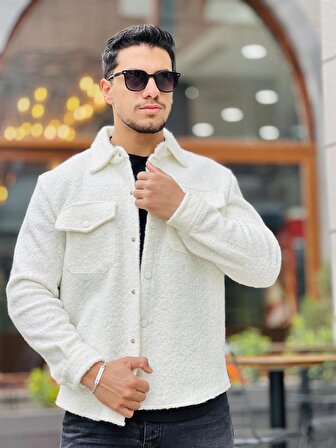Miron Beyaz Kıvırcık Dokulu Kumaş Gömlek Yaka Cepli Regular Fit Ceket