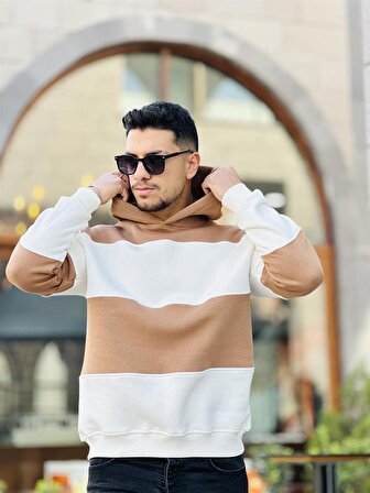Miron Kamel Beyaz Blok Parçalı Overisize Kapşonlu Üç İplik Sweatshirt