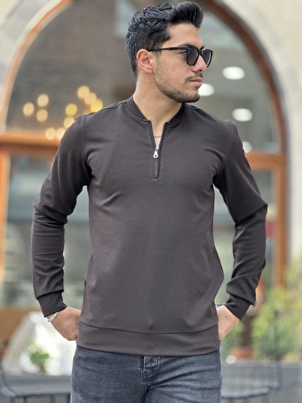 Yarım Fermuarlı Kolej Yaka Sweatshirt Regular Fit-Koyu Kahverengi