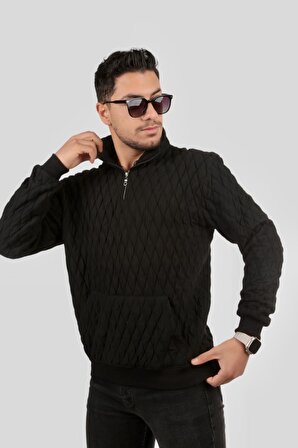 Miron Siyah Kapitone Detaylı Yarım Fermuarlı Regular Fit Sweatshirt
