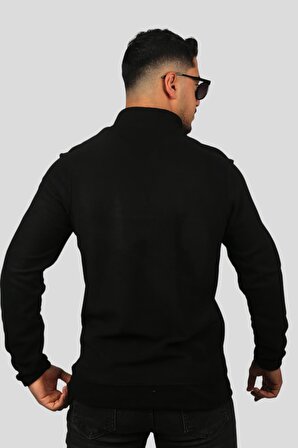 Miron Siyah Nakışlı Dik Yaka Yarım Fermuarlı Polar Sweatshirt