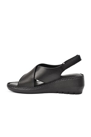 Stepica 321 Siyah Hakiki Deri Dolgu Kadın Dolgu Topuk Sandalet