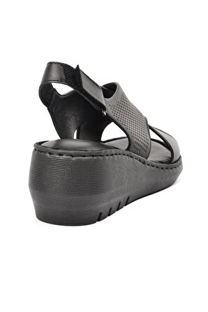 Stepica 321 Siyah Hakiki Deri Dolgu Kadın Dolgu Topuk Sandalet
