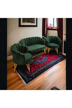 Yeşil Renk Döşemeli  Metal Ayaklı Papatya Çay Koltuk Takımı Bekleme Koltuğu Ofis Koltuğu Berjer Cafe Sandalyesi2+1+1