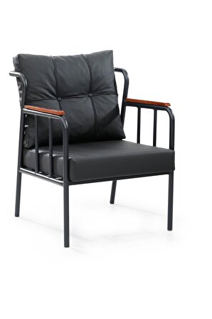 Siyah Deri Metal Ayaklı Ofis Koltuk Takımı Kafe Koltuğu Ofis Sandalyesi Bahçe Mobilyası Çay Seti