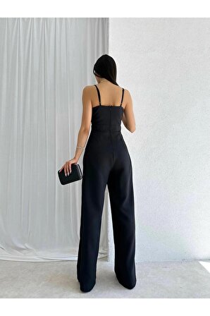 Kadın Tulum Elbise Krep Saten Kumaş Askılı Kruvaze Yaka Geniş Paça Siyah Misscix