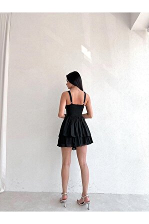 Göğüs Detaylı Kalın Askılı Sırt Dekolteli Siyah Mini Elbise - Abiye & Mezuniyet Elbisesi