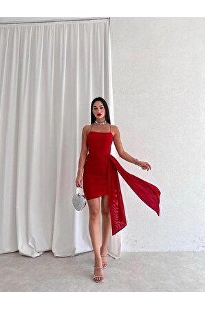 Drapeli Sırt Dekolteli Sarkıt Kumaş Detaylı Kırmızı Mini Elbise - Abiye & Mezuniyet Elbisesi