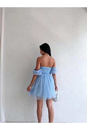 Straplez Formlu Çıkarılabilir Düşük Kol Mini Elbise - Abiye & Mezuniyet Elbisesi