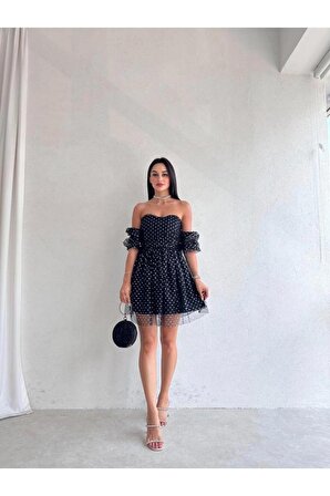 Straplez Formlu Çıkarılabilir Düşük Kol Mini Elbise - Abiye & Mezuniyet Elbisesi