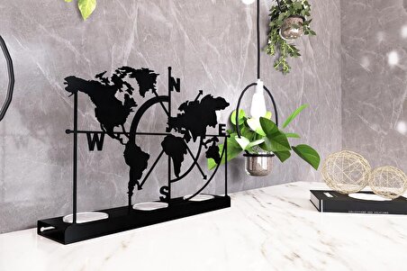 M&C Concept Dünya Haritası 3'lü Metal Mumluk - Siyah