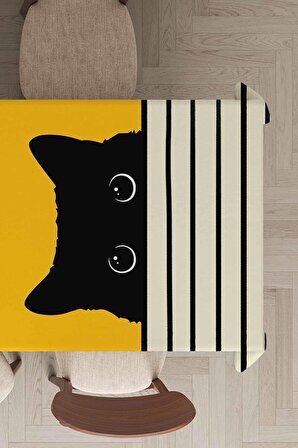 Sarı Kedi Motifli Dokuma Leke Tutmaz Masa Örtüsü MSO064