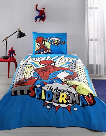 Özdilek Lisanslı Fitted Çarşaflı Tek Kişilik Çocuk Pike Takımı-Spiderman New York Mavi