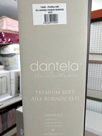 Dantela Premium Soft Nakışlı Aile Bornoz Seti-Tane Pudra Gri
