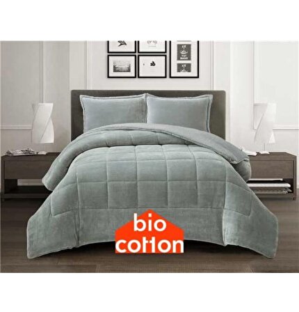 Bio Cotton Gri Peluş Kadife/Wellsoft Çift Kişilik Ergonomik Yorgan Seti (Yastık Kılıflı)