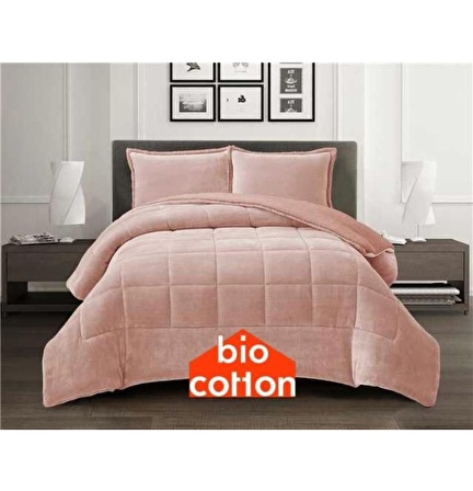 Bio Cotton Pudra Peluş Kadife/Wellsoft Çift Kişilik Ergonomik Yorgan Seti (Yastık Kılıflı)