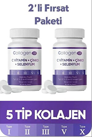 Collagen Life 2'li Fırsat; 5 Tip Kolajen Tip 1 Tip 2 Tip 3 Tip 5 Tip 10, Selenyum , C Vitamini Ve Çinko 180 Tablet