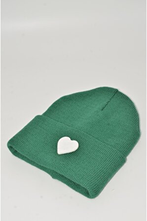 Mottomia Yılbaşı Özel Koleksiyonu Beyaz Kalp Figürlü Açık Yeşil Renk Unisex Erkek/Kadın Bere