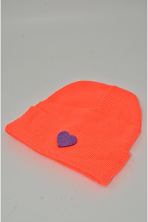 Mottomia Yılbaşı Özel Koleksiyonu Mor Kalp Figürlü Neon Turuncu Renk Unisex Erkek/Kadın Bere