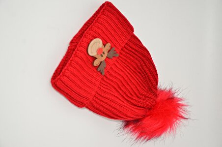 Mottomia Yılbaşı Özel Koleksiyon Geyik Figürlü Ponponlu Kırmızı Renk Bere