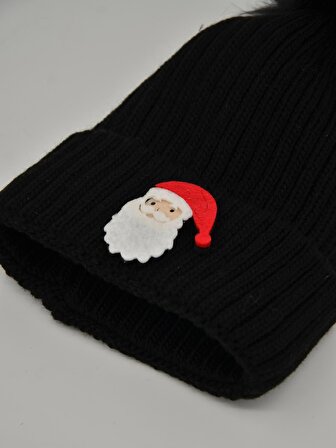 Mottomia Yılbaşı Özel Koleksiyonu Noel Baba Figürlü Ponponlu Siyah Renk Hediyelik Bere