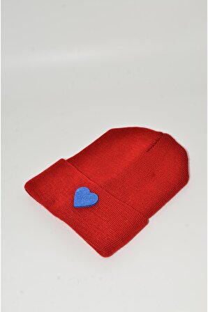 Mottomia Yılbaşı Özel Koleksiyonu Mavi Kalp Figürlü Kırmızı Renk Unisex Erkek/Kadın Bere