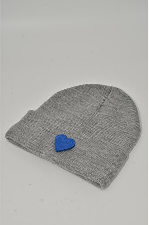 Mottomia Yılbaşı Özel Koleksiyonu Mavi Kalp Figürlü Gri Renk Unisex Erkek/Kadın Bere