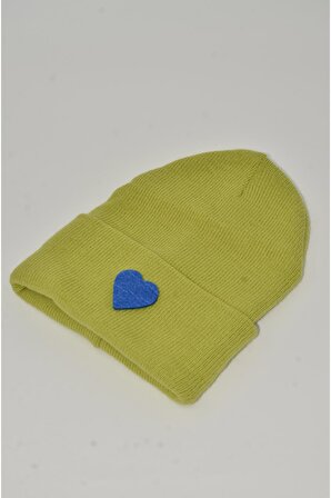Mottomia Yılbaşı Özel Koleksiyonu Mavi Kalp Figürlü Fıstık Yeşili Renk Unisex Erkek/Kadın Bere