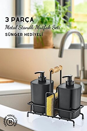 Metal Standlı Siyah Begonya Bulaşık Deterjanı ve Sıvı Sabunluk Mutfak BanyoSeti-Sünger Hediyeli