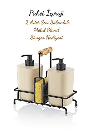 Metal Standlı Krem Begonya Çamaşır Suyu ve Sıvı Sabunluk Mutfak Banyo Seti-Sünger Hediyeli