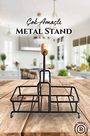 Paslanmaz Metal 2 Bölmeli Çok Amaçlı Ahşap Kulplu Stand- Sıvı Sabunluk- Yağdanlık Standı