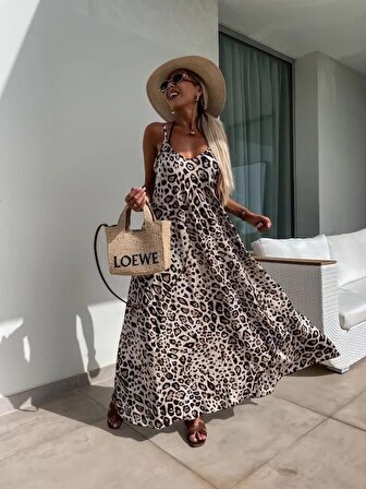 Motto10butik Kadın Suprem Kumaş Leopar Desenli Elbise