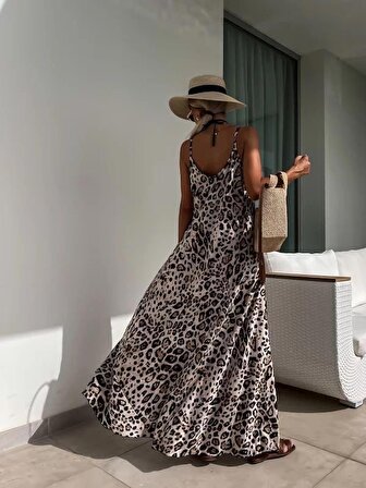 Motto10butik Kadın Suprem Kumaş Leopar Desenli Elbise