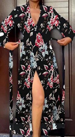 Kadın Uzun Kollu Kruvaze Yaka Yandan Bağlamalı Krep Tam Boy Elbise